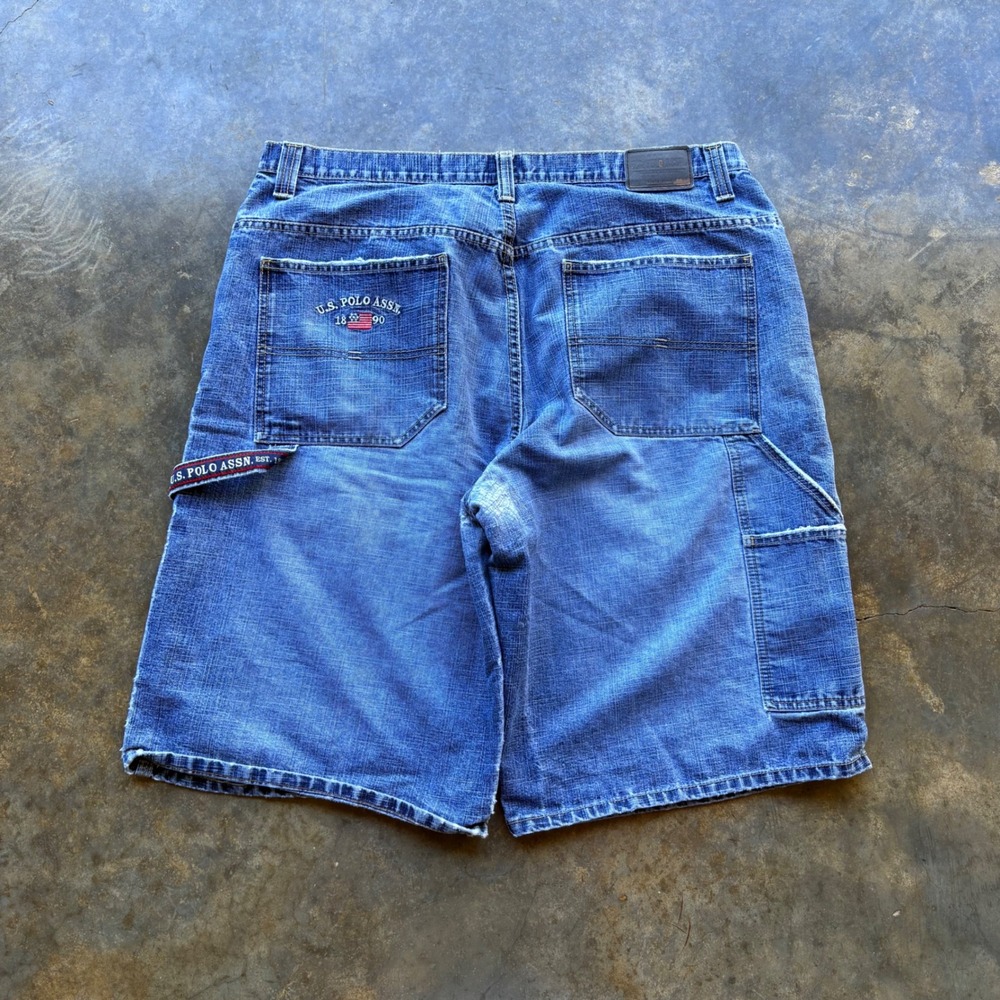 US Polo Mens Carpenter Denim Shorts Size 40 Blue Utility Hammer Loop Distressed